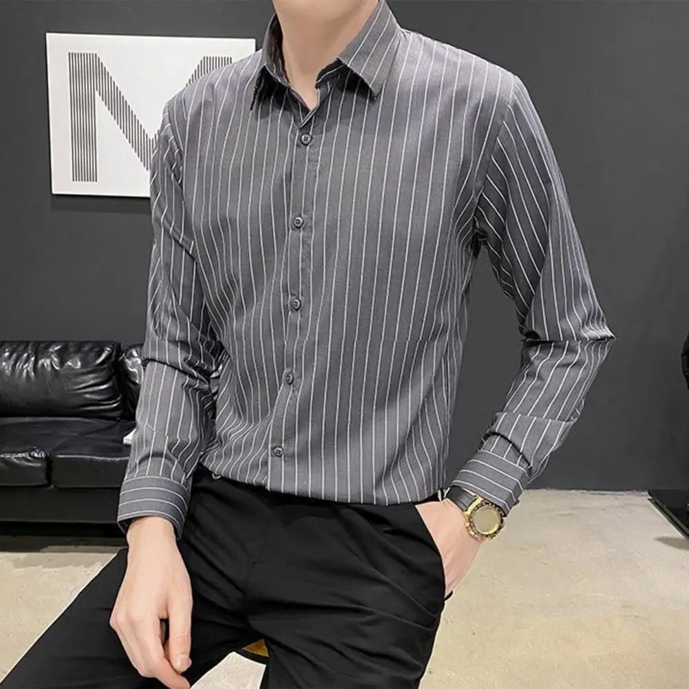 Men Dress Shirt Stripe Print Single-breasted Turn-down Collar Long Sleeves Formal Business Style Office Shirt Mid Length Dating