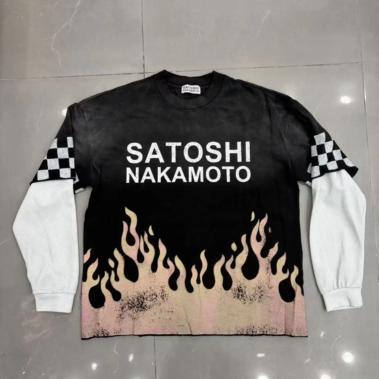 Men Vintage Washed T-Shirt SATOSHI Long Sleeve Gradient Flame Graphic Print Splice Oversized Hip Hop Men Casual Shirts