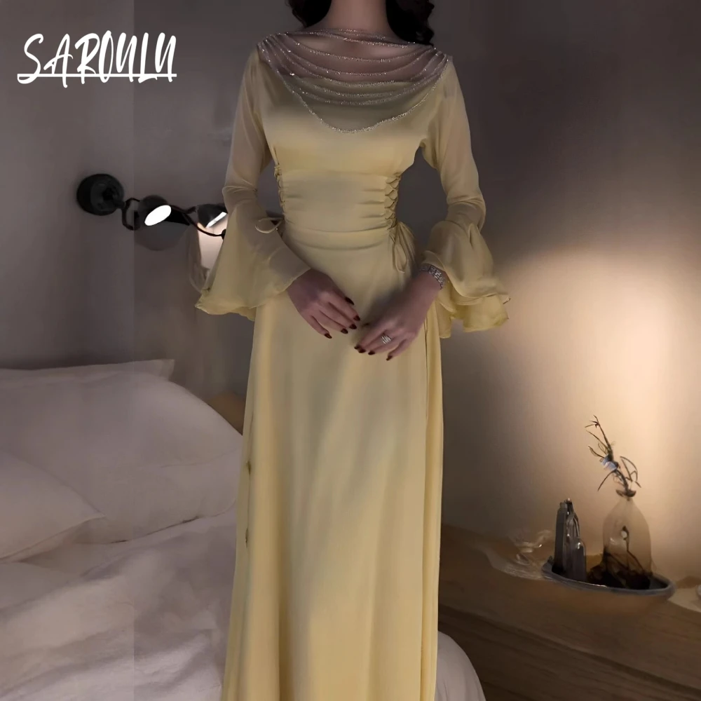 

Romantic Yellow Chiffon Prom Gown Exclusive Arabic Dubai Tassel Evening Dress In Stock Delicate Lace Up Formal Events Wear