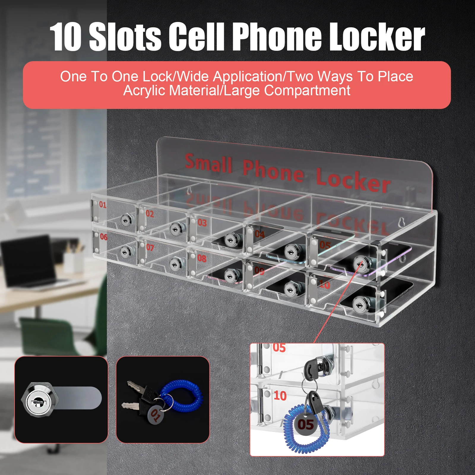 Cell Phone Lockers with High Security, Acrylic Material, Each Slot with Exclusive Key, Easy Wall Mounting, Compact Design,