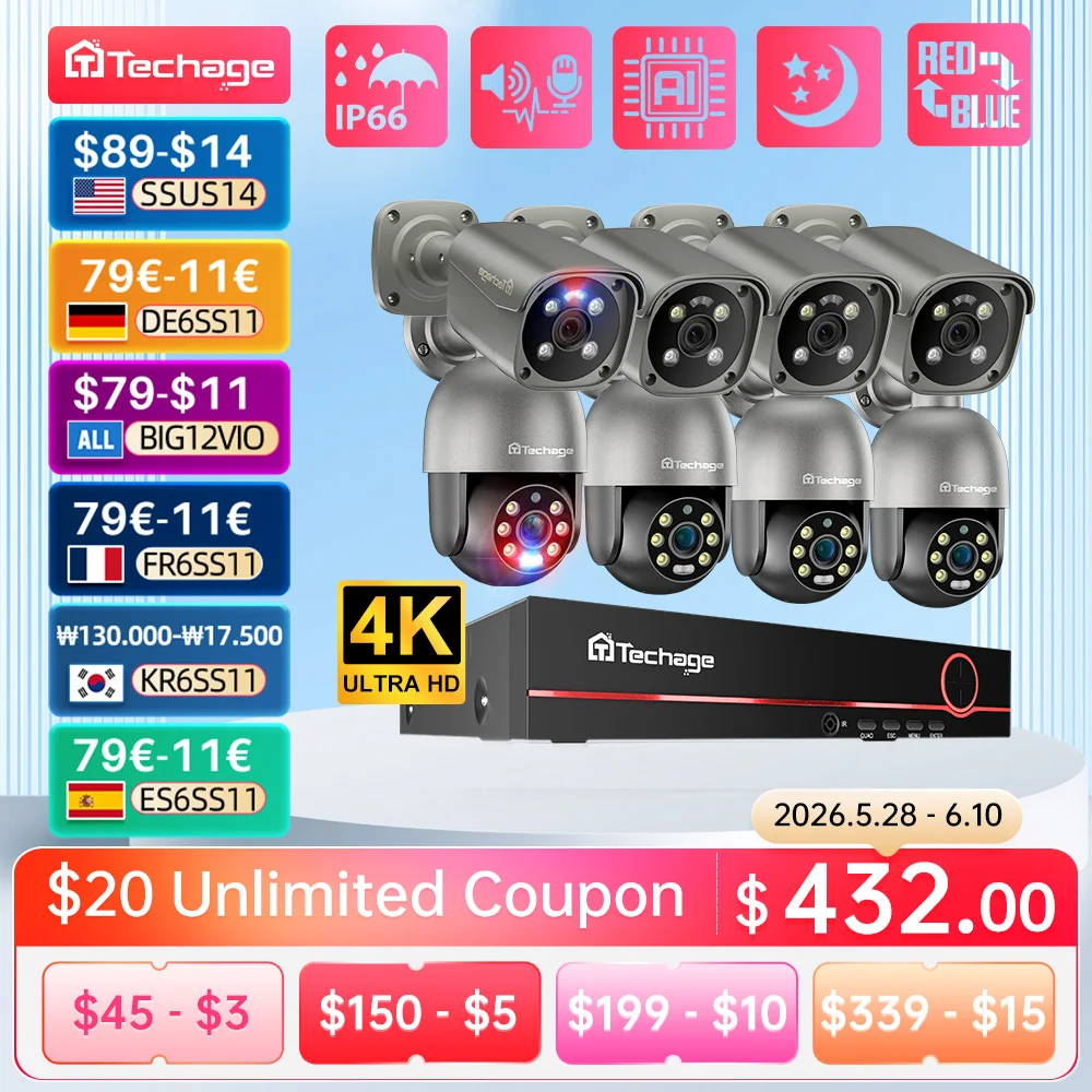 

Techage 8CH 8MP 5MP Security Camera System Night Vision Human Detection POE PTZ Camera Outdoor Security Surveillance P2P System