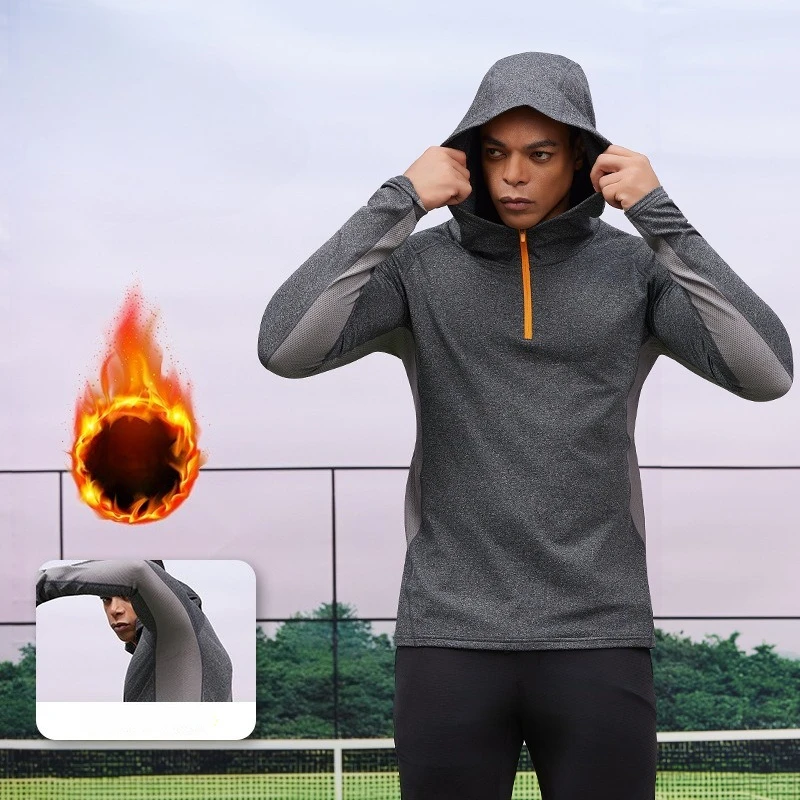 

Fleece Hooded Semi Zipper Mens Autumn Winter Gym Jacket Outdoor Casual Windproof Sportswear