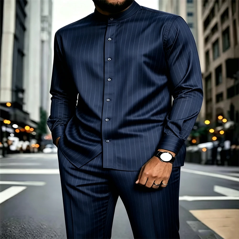 Men Luxury Satin 2‑Piece Outfit Stand Collar Vertical Stripe Long Sleeve Shirt And Pants Business Party Suit