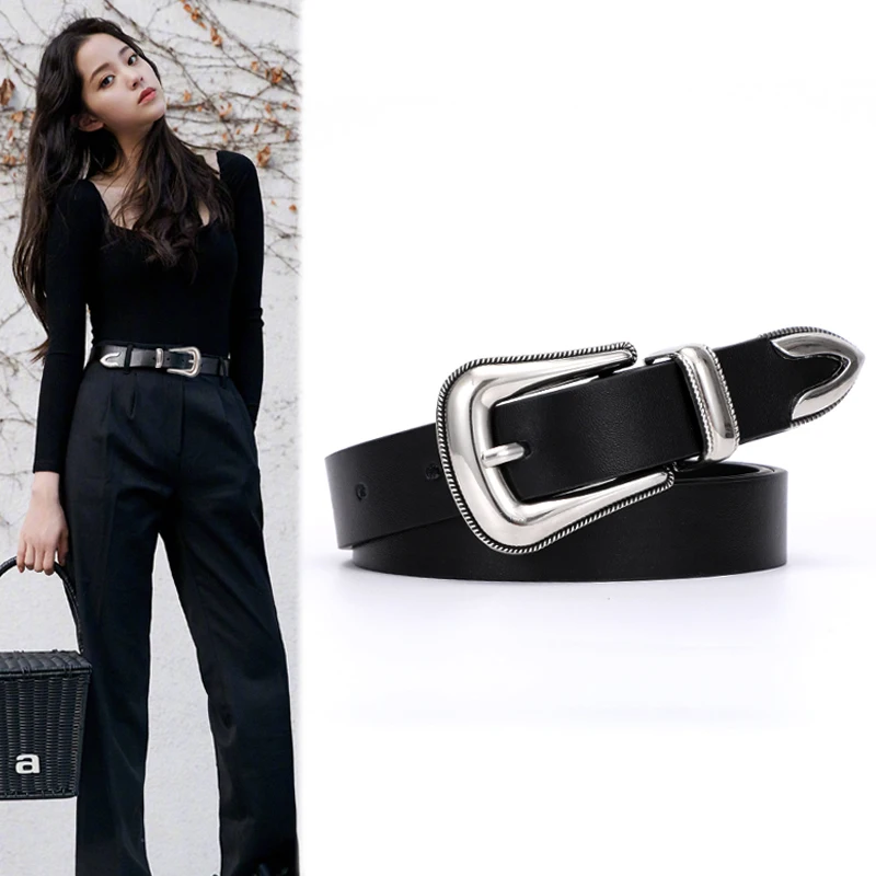 New Carve Black Leather Belt Woman Fashion Silver Pin Buckle Designer Belts For Women Jeans Dress Waistband Strap 3 Pieces Set