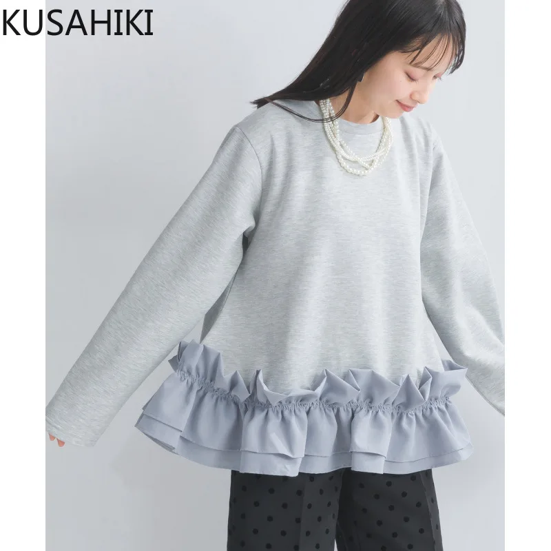 KUSAHIKI Women\'s Patchwork Ruffle Patchwork Women\'s Hoodie Fashion Causal Pullover Round Neck Sweatshirt Jacket