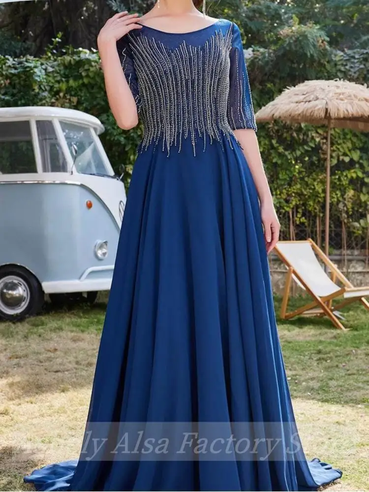 Customized Elegant Mother Of the Bride Dresses Beading A Line Chiffon Halft Sleeve Women Wedding Party Gown Formal Evening Wear