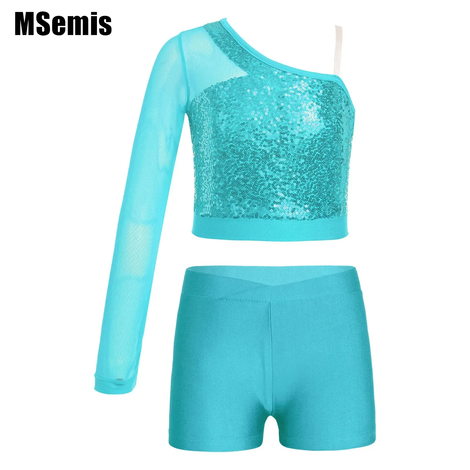 

Kids Girls Dance Costume Outfit Sparkly Sequins Dance Top Sheer Mesh One Shoulder Crop Top with V-front Waistband Shorts