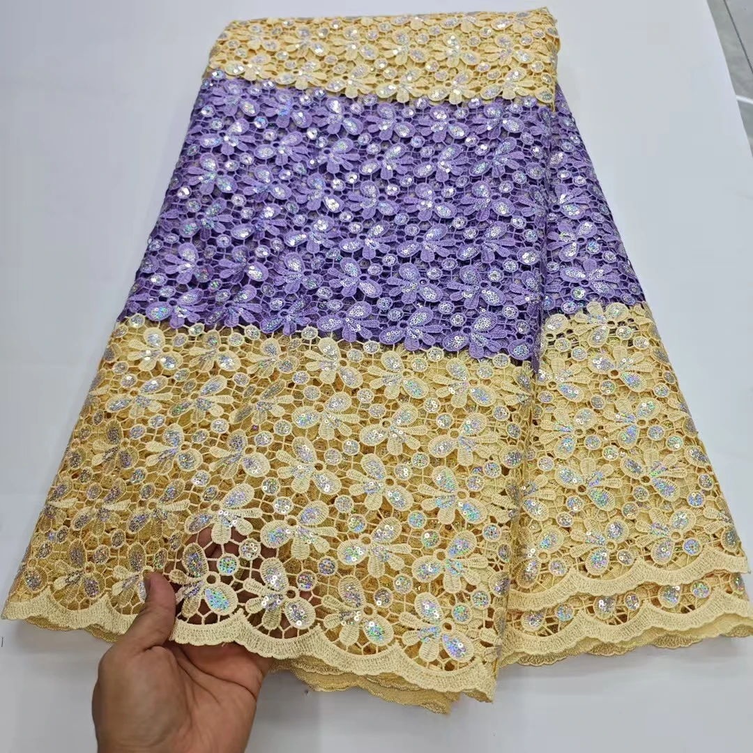 

Фиолетовый, золотой, двухцветный, африканский шнур, кружевная ткань, 2022, высокое качество, блестки, нигерийский гипюр, водорастворимая кружевная ткань PHD25154