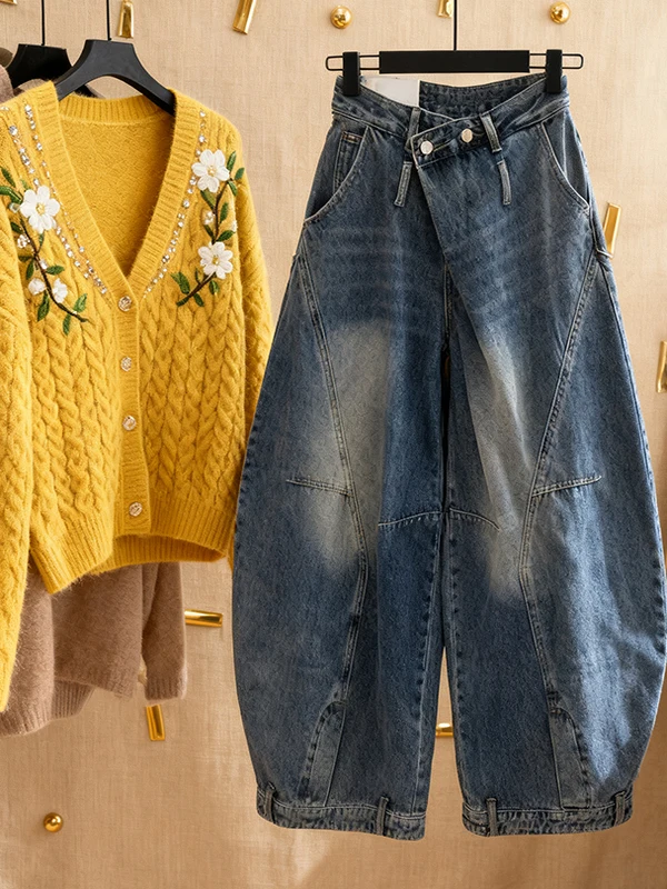 

Retro Streetwear High Waist Knife Distred Straight Leg Wide Leg Jeans Women's New Design Loose Fit Casual Trousers