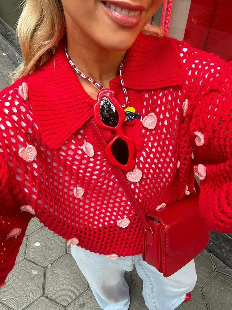 Hearts Red Print Hollow Out Knit Sweater Women Chic Lapel Lantern Sleeves Pullover 2024 Autumn Female High Street Thin Knitwear