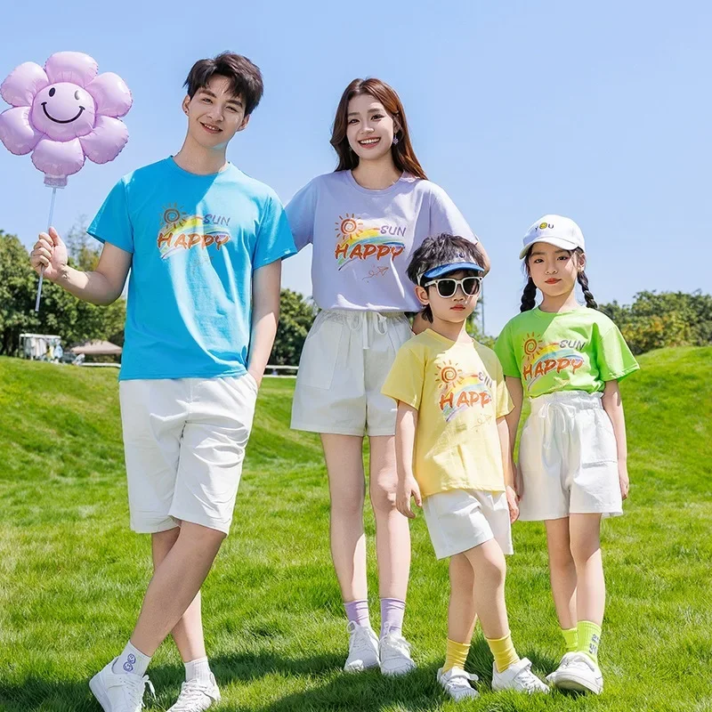 2026 Summer Family Matching Outfit Set Happy Sun Print T-Shirt & White Shorts Casual Cotton Outfits for Mom Dad and Kids