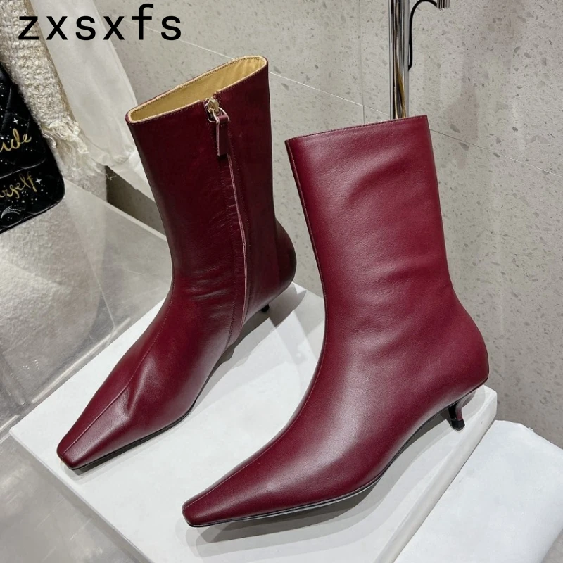 New Real Leather Ankle Boots For Women Kitten Heel Party Shoes Ladies Autumn Cowboy Short Boots Classic Botas Mujer 2024