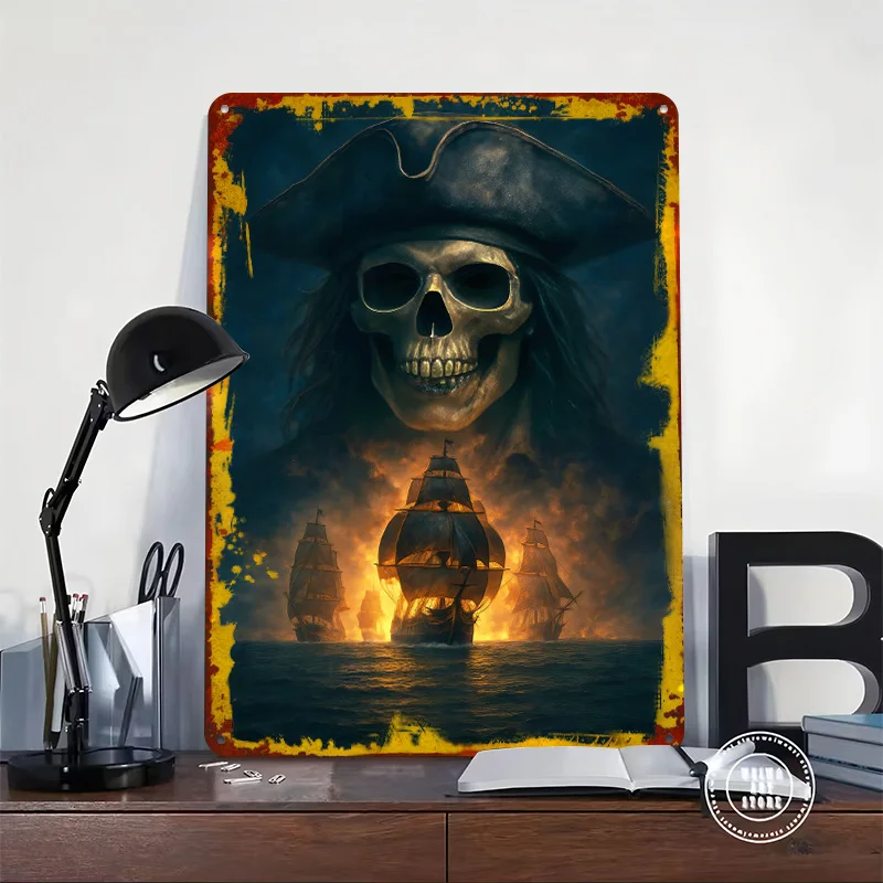 Pirate Skull and Burning Ships Tinplate Poster Custom Wall Art Vintage Metal Signs Retro Tin Plaque for Coffee Bar Accessories