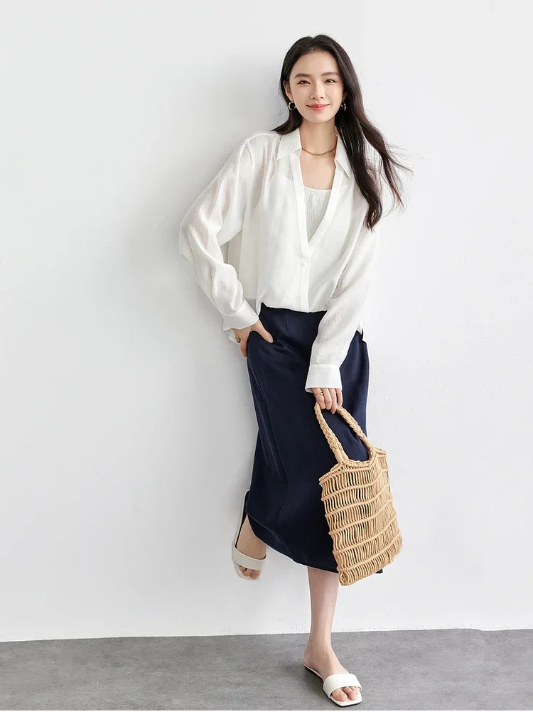 SENTUBILA Lyocell 2 in 1 Women Blouse 2025 Spring Casual Irregular Patchwork Turn Down Collar Solid White Shirts 151C57470