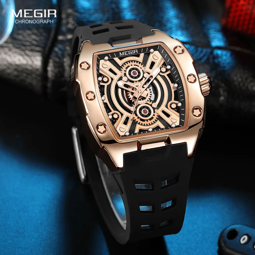 MEGIR Fashion Sport Quartz Watch for Men Tonneau Case Waterproof Luminous Hands Wristwatch with Silicone Strap Hollowed-out Dial