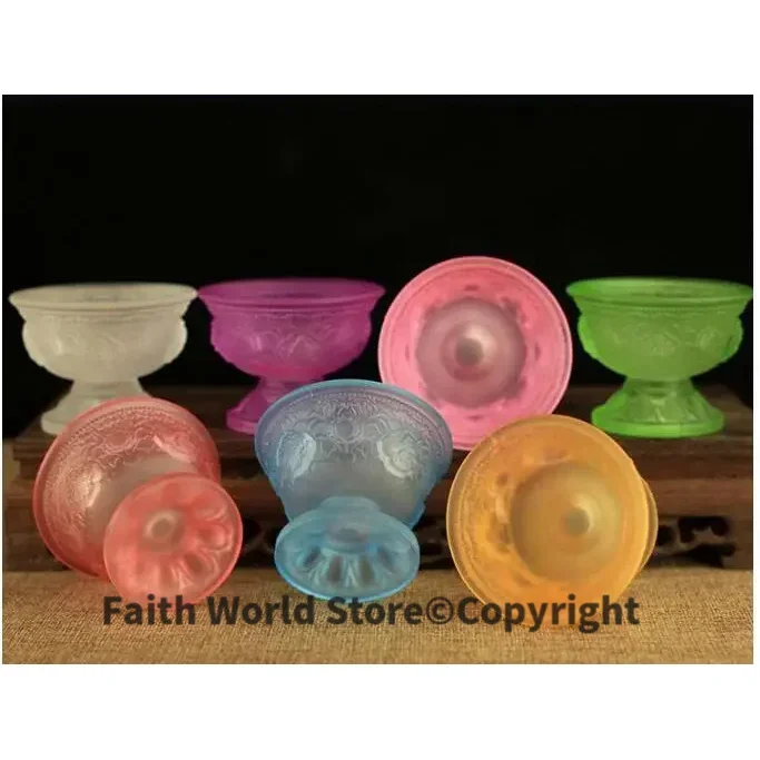 Wholesale Buddhist articles -efficacious HOME family Protection Talisman-7 Colored Glaze Lotus lamp holder Holy water cup -M7