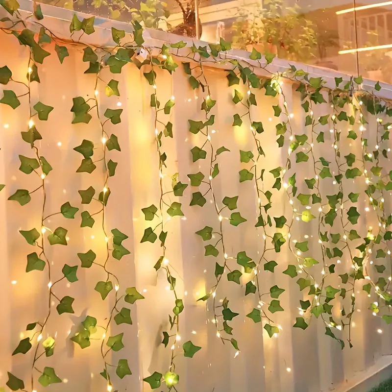 Artificial Ivy Garland Fake Plants Vine Hanging Garland with 80 LED String Light for Home Room Garden Party Wedding Wall Decor
