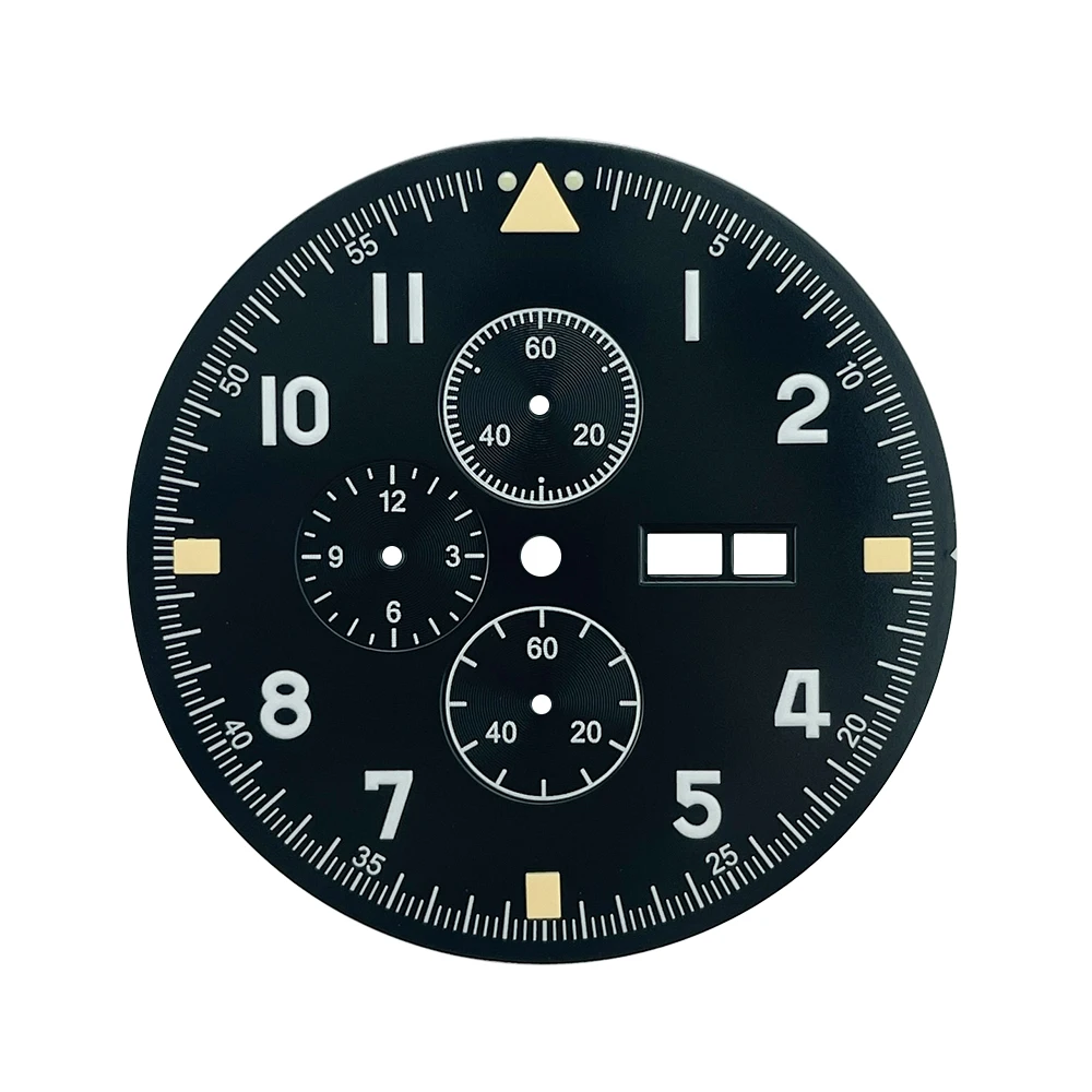 Esfera de reloj cronógrafo piloto negra de 37,7 mm con juego de manecillas, marcadores de 12 horas, acabado en cobre, Lume verde, apto para Miyota Cal.0S00