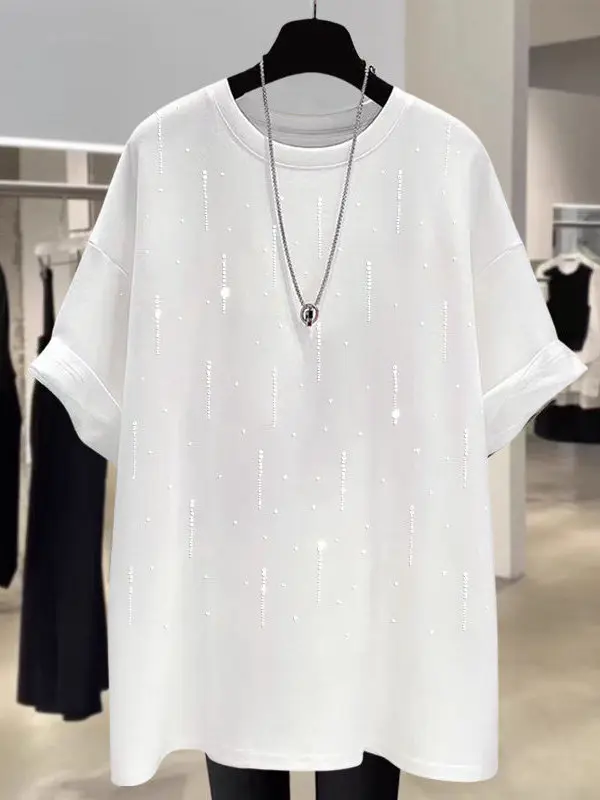 Summer New Women's Loose Casual Short Sleeve T-shirt Heavy Embroidery Meteor Shower Design Cotton Moisture Wicking round Neck