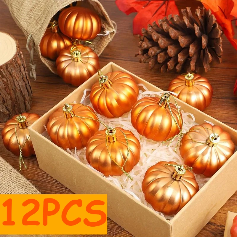 

12PCS Pumpkin Hanging Ornaments 2025 Autumn Thanksgiving Pumpkin Ball Hanging Pendants Halloween Tree Party Home Decorations