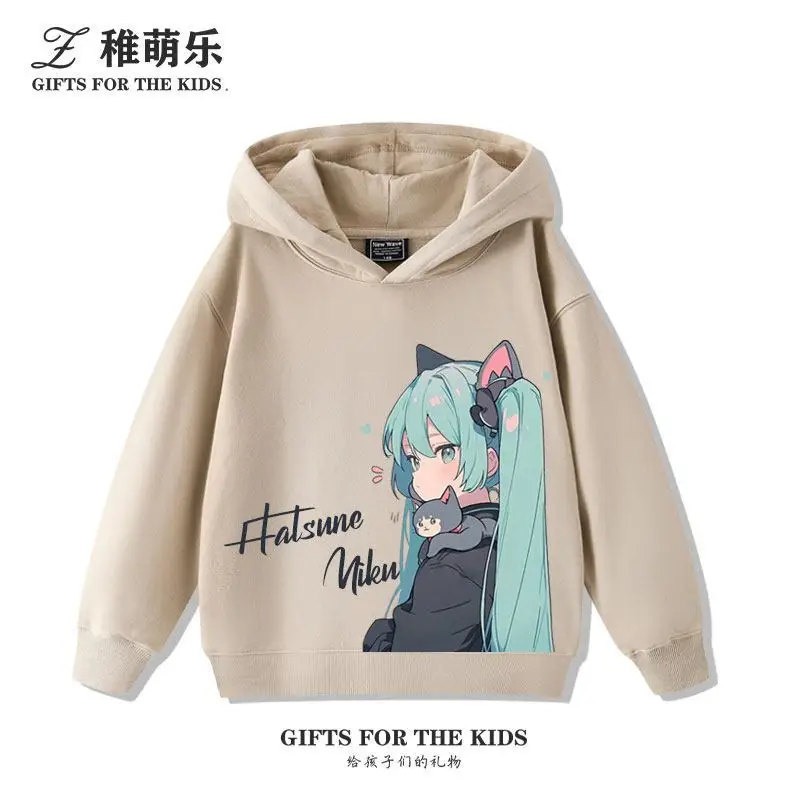 Hatsune Miku Child Hoodie Sweatshirt Cute Anime Girl with Cat Graphic Print Children Hooded Pullover Casual Loose Fit Girls Tops