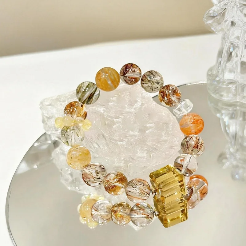 Chinese Style Lucky Fortune Blessing 12mm Natural Black Gold Super Seven Crystal Beaded Bracelet Koi Inspired Energy Bracelet