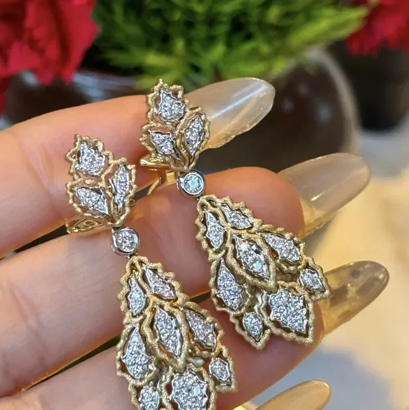 Vintage palace style rhombus crystal Drop earings leaf hollow out High quality exaggerated earrings for women wedding jewelry