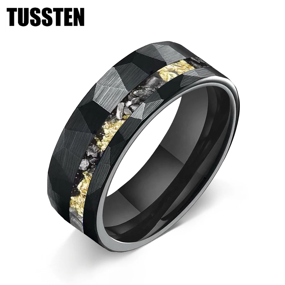 

TUSSTEN 6/8MM Meteorite Gold Foil Mens and Women's 6/8mm Hammered Tungsten Wedding Ring Comfortable Fit