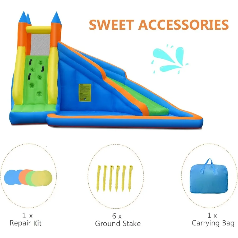 Inflatable Water Slide, Kids Bounce House with Slide Climbing Wall Splash Pool, Outdoor Jumping Castle Inflatable Obstacle Cour