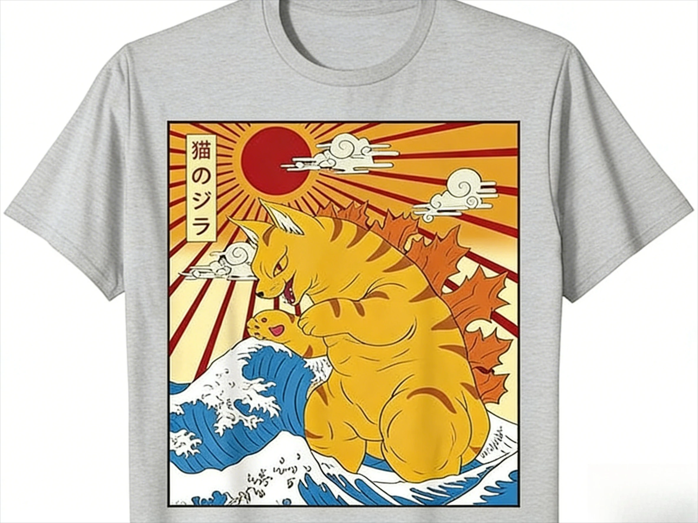 تي شيرت Cat & Wave Print مضحك ياباني Cat Meme بأكمام قصيرة - تي شيرت كاجوال للجنسين بنمط Y2K ثقيل الوزن من القطن برسوم جرافيك