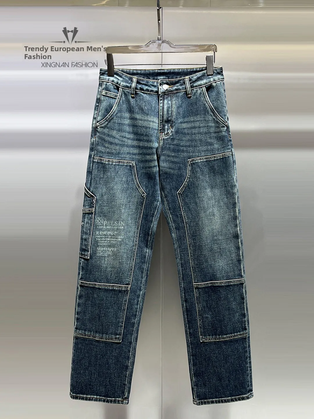 

Men's Straight Leg Denim Jeans Autumn Winter Faion Print Design Versatile Loose Long Trousers Casual Wear Anti-Wrinkle Resi...