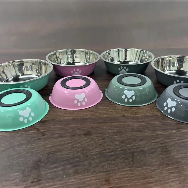 New stainless steel dog basin paw print pet supplies cat bowl dog bowl silicone anti-slip design pet drinking water feeding bowl view 2