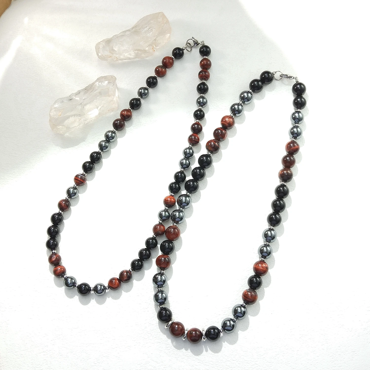 

Lii Ji 10mm/12mm Red Tiger's Eye Hematite Black Agate Multi Stone Stainless Steel Necklace 52cm Trendy Necklace For Male