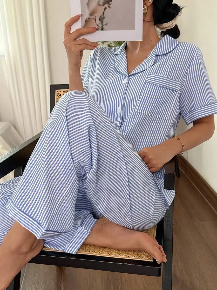 

Blue And White Striped Short Sleeve Lapel Pajama Set Women Summer Sleepwear