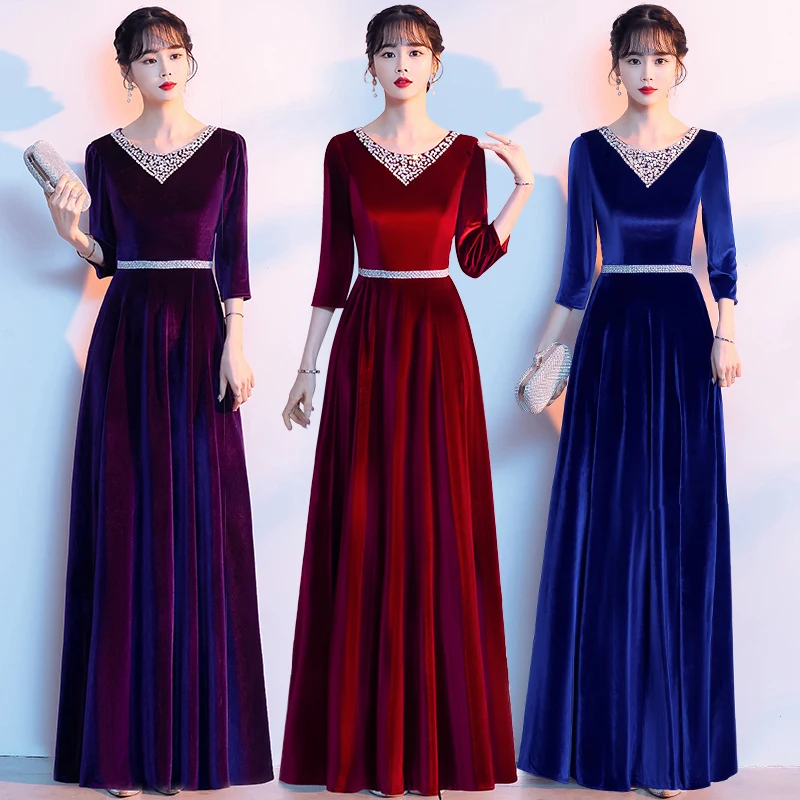 

Новое модное длинное бархатное платье для женщин, костюм для выступлений для взрослых женщин среднего возраста, золотистый бархатный наряд для дирижера