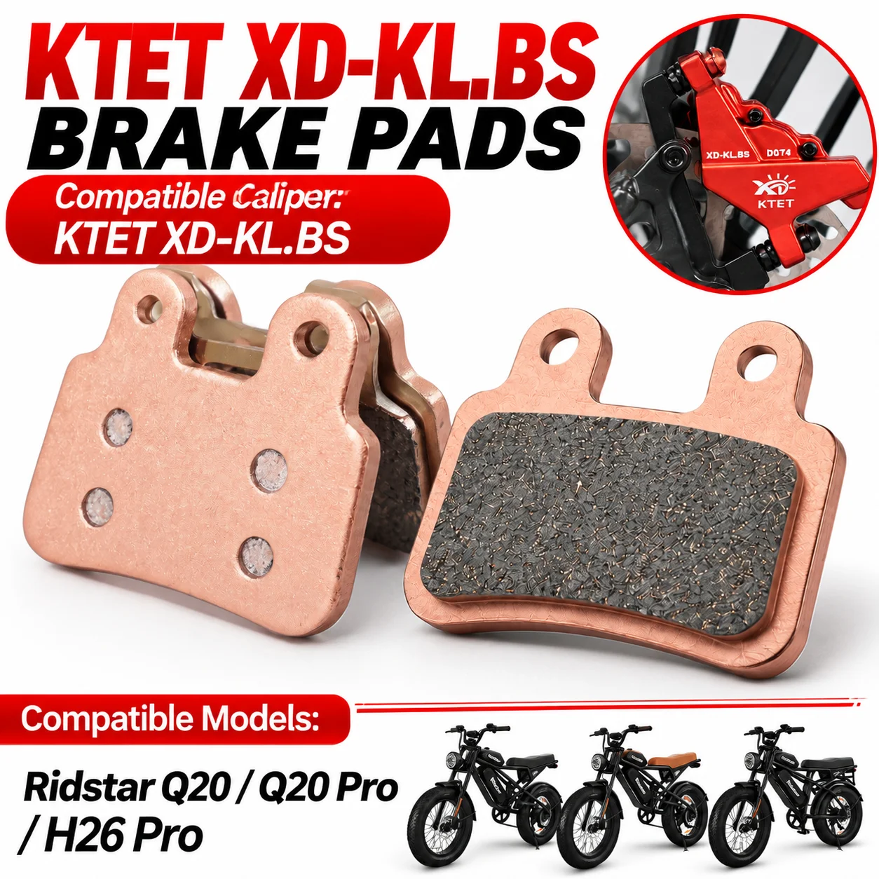 KTET XD-KL.BS Brake Pads Semi Metallic for Ridstar Q20 Q20 Pro H26 Pro Hydraulic Disc Brake Electric Bike Replacement Pads