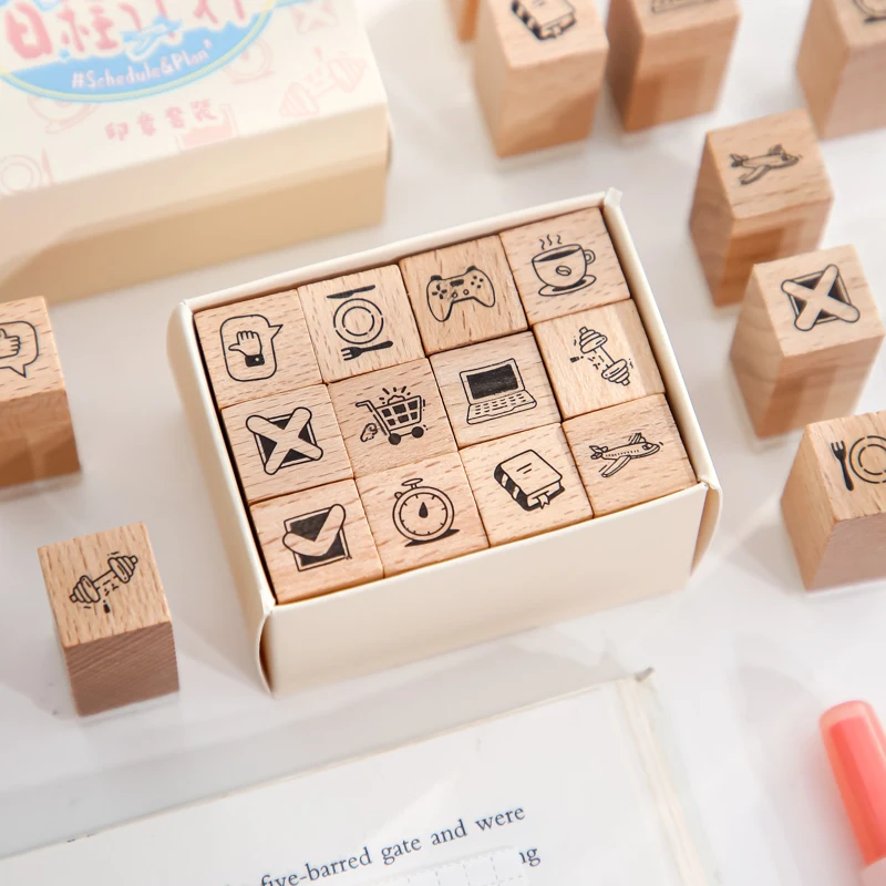 12 Pcs/box Mini Cartoon Stamp DIY Wooden Rubber Stamps for Scrapbooking Stationery Scrapbook supplies Standard Wooden Stamps Set