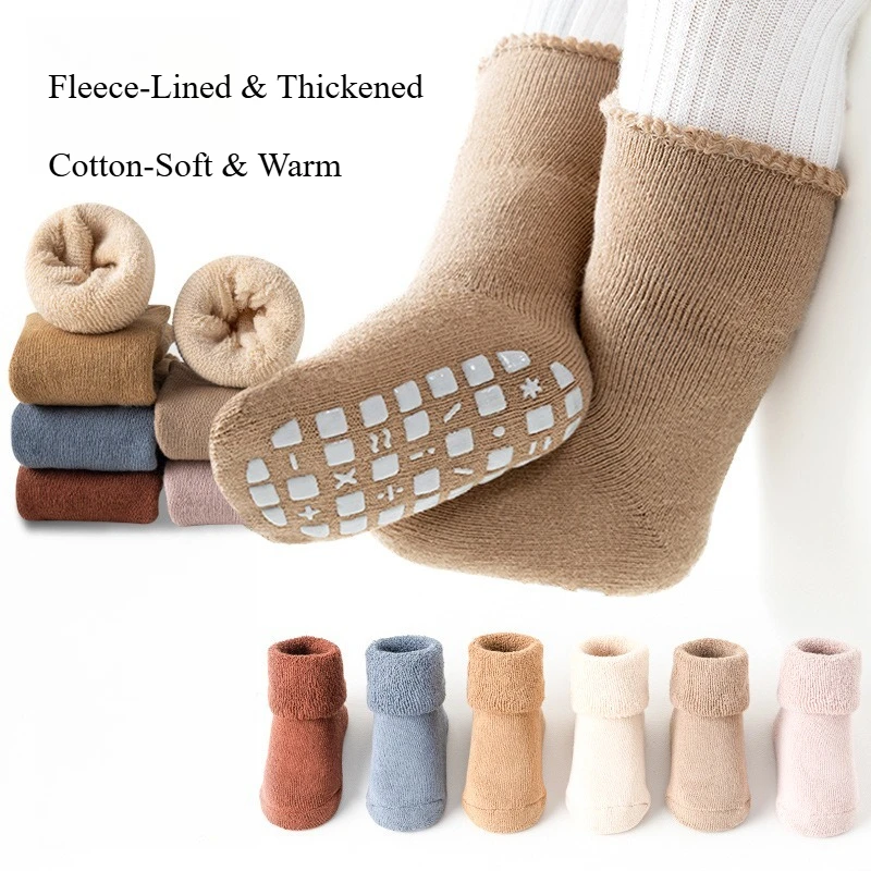 6 Pcs Unisex Baby Fleece-Lined Thickened Warm Terry Floor Socks for 0-3Y Boys & Girls Anti-Slip Mid-Calf Socks for Fall & Winter