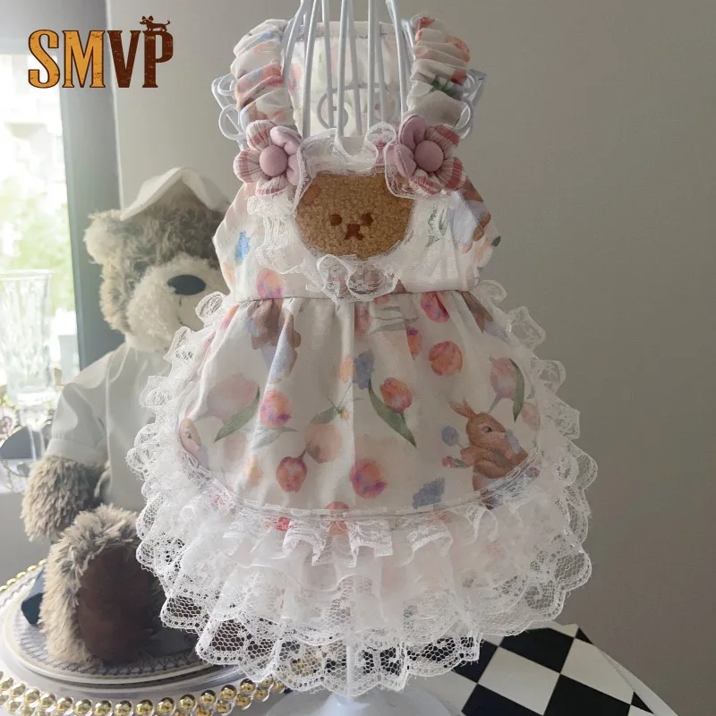 Fresh Cute Watercolor Floral Pet One-piece Dress Delicate Lace Trim Cartoon Bear Patch Soft Thin Daily Walking Clothes