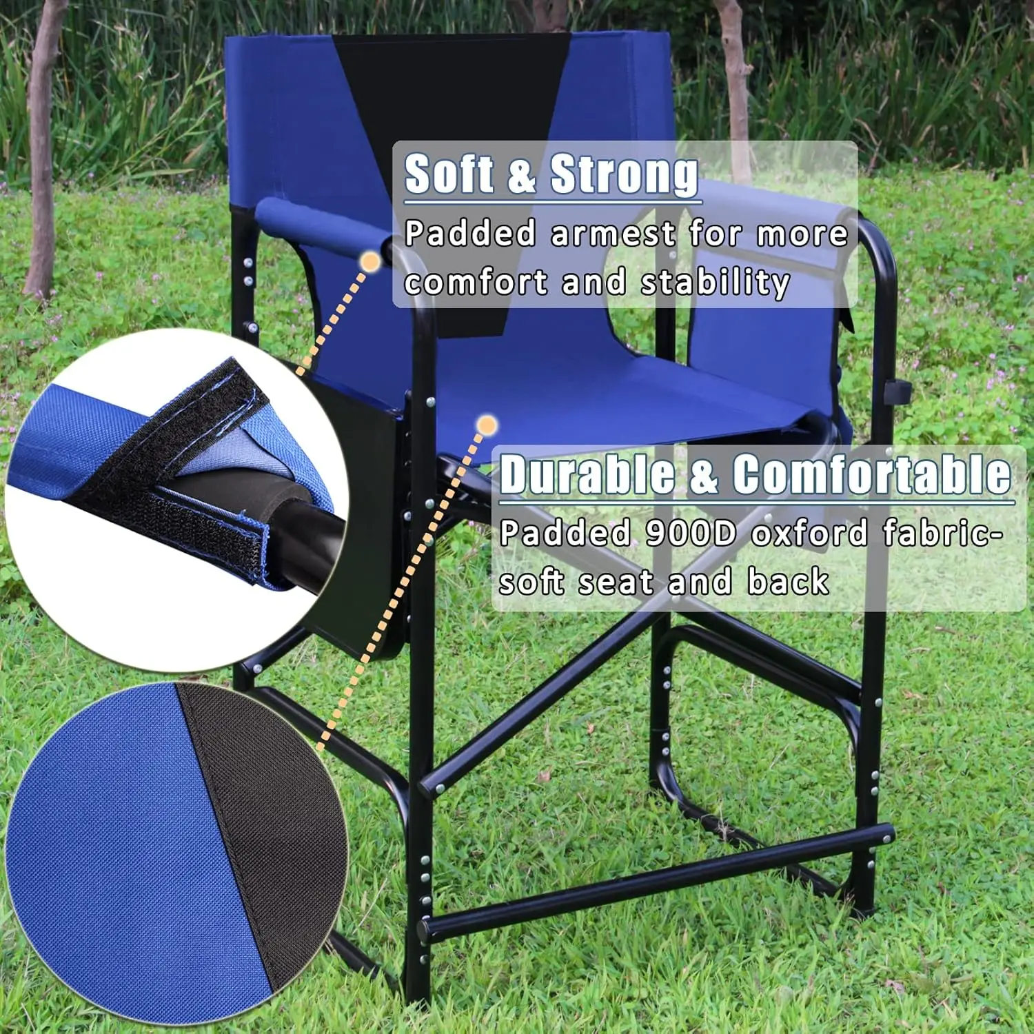 Cadeiras dobráveis de acampamento com mesa lateral e apoio para os pés, cadeiras altas, cadeiras maquiadoras, portáteis