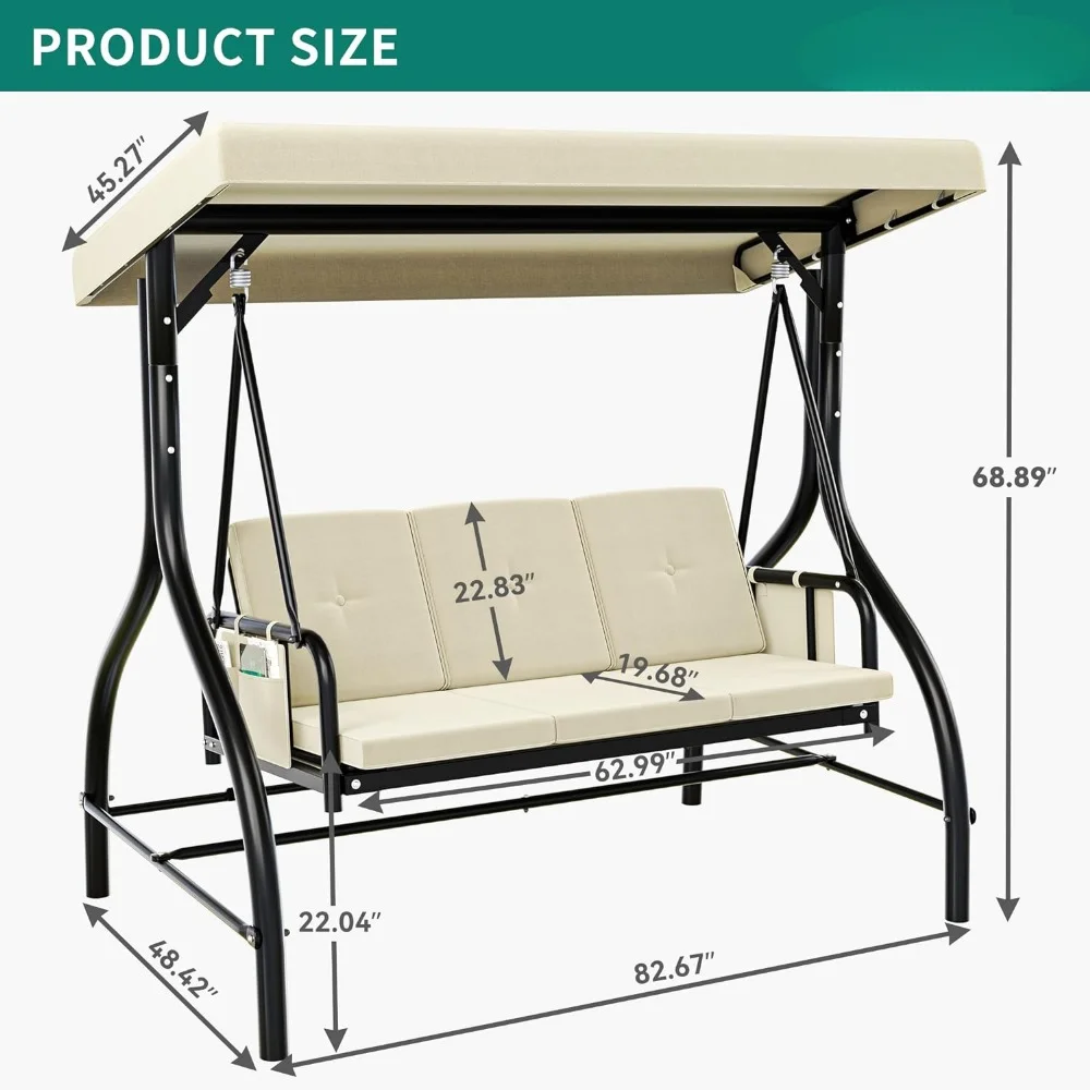 Patio Swing, Heavy Duty Swings Chair with Adjustable Canopy Removable Cushion, 3-Seats Outdoor Patio Swing