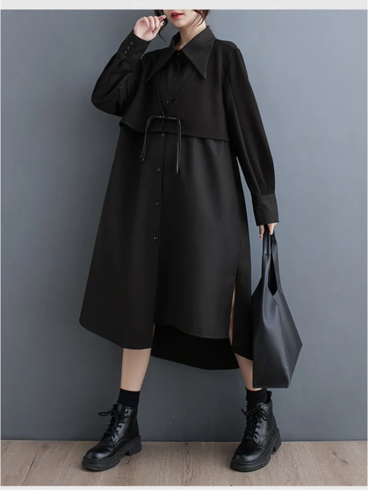 #3455 False Two Piece Shirt Dress Women Loose Split Joint A-line Midi Dress Ladies Polo Neck Black Irregular Dress Female Spring