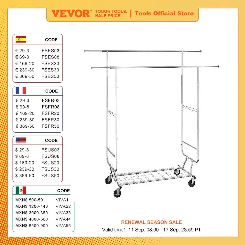 VEVOR Clothing Garment Rack Heavy Duty Clothes Rack Adjustable Length Clothes Rack w/ Bottom Shelf & Wheels for Laundry Room