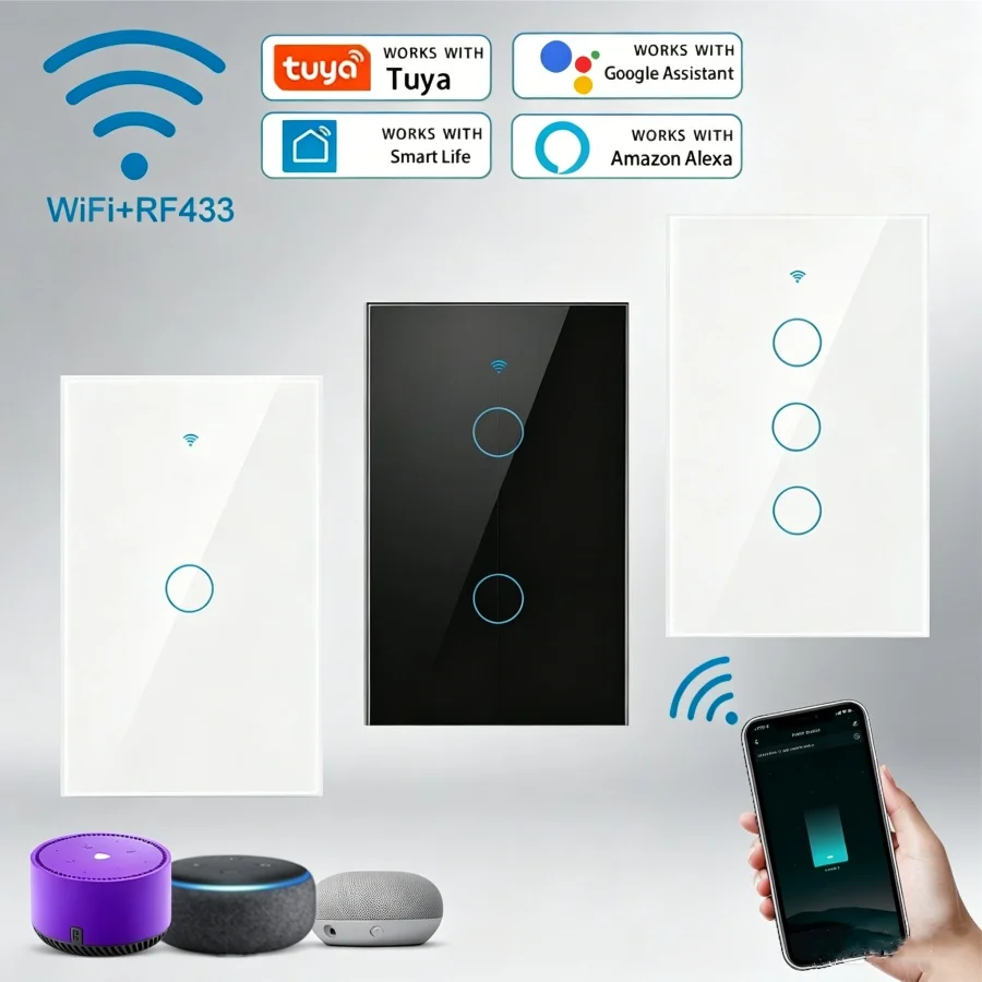 

Tuya WiFi Smart Light Switch RF433 1/2/3 Gang Touch Wall Switch Without Neutral Line Smart Life Control With Alexa Google Home