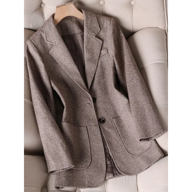 Herringbone Women Suit Single Breasted Blazer Long Sleeve Lady Female Gray Coffee Work Wear Formal Jacket Coat For Autumn Winter