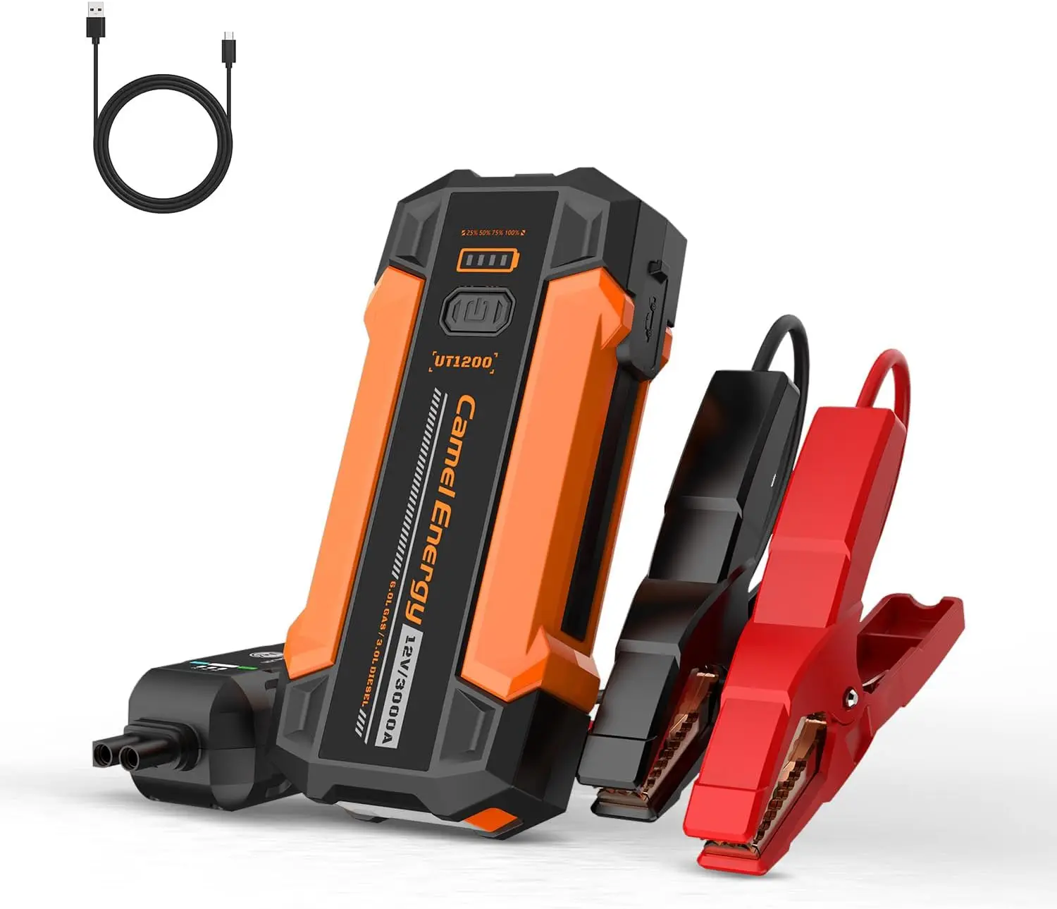 

Portable 3000A Jump Starter 12V, Up to 9.0L Gasoline, 500 Lumen Lights & Jumper Cables