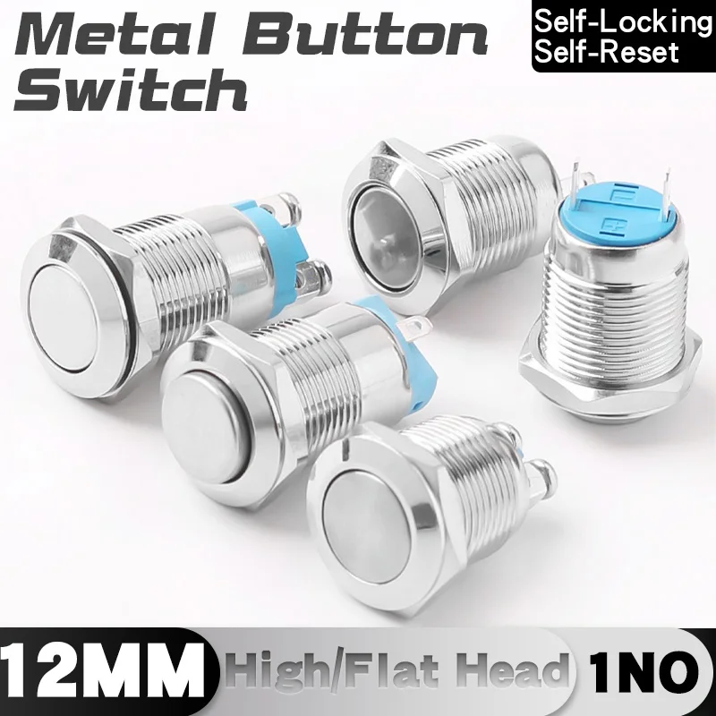 12mm Metal Button Switch No Light Screw/Welding Foot Momentary Latching 1NO Flat/High Head Waterproof 2Pins Power Switch