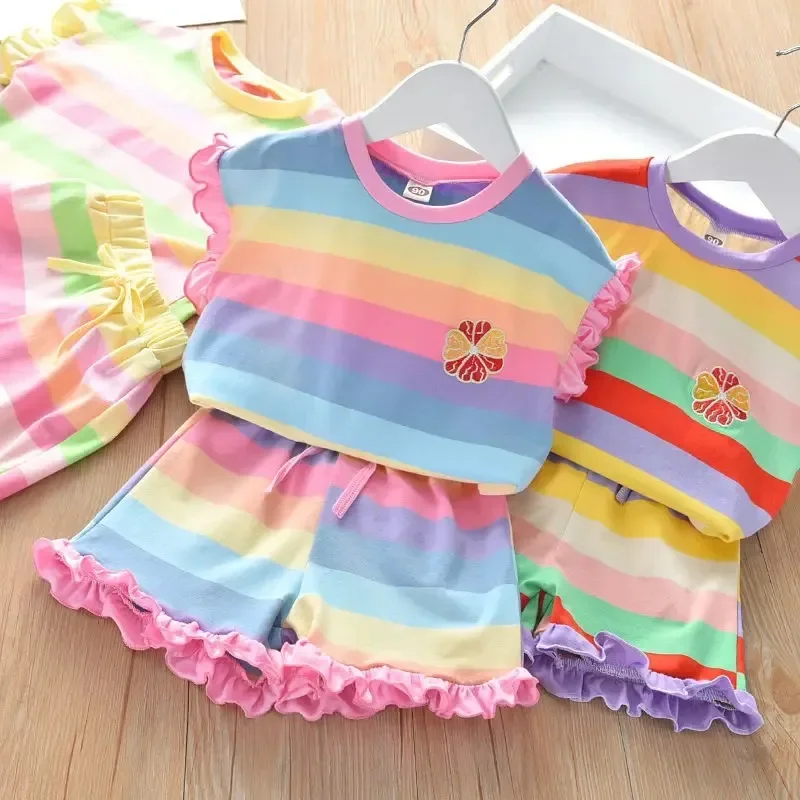 Baby Girls Summer Casual Rainbow Stripe T-shirts+Pants 2pcs Suits 1-6 Years Olds Girls Trend Sports Outifs Sets Kids Clothes