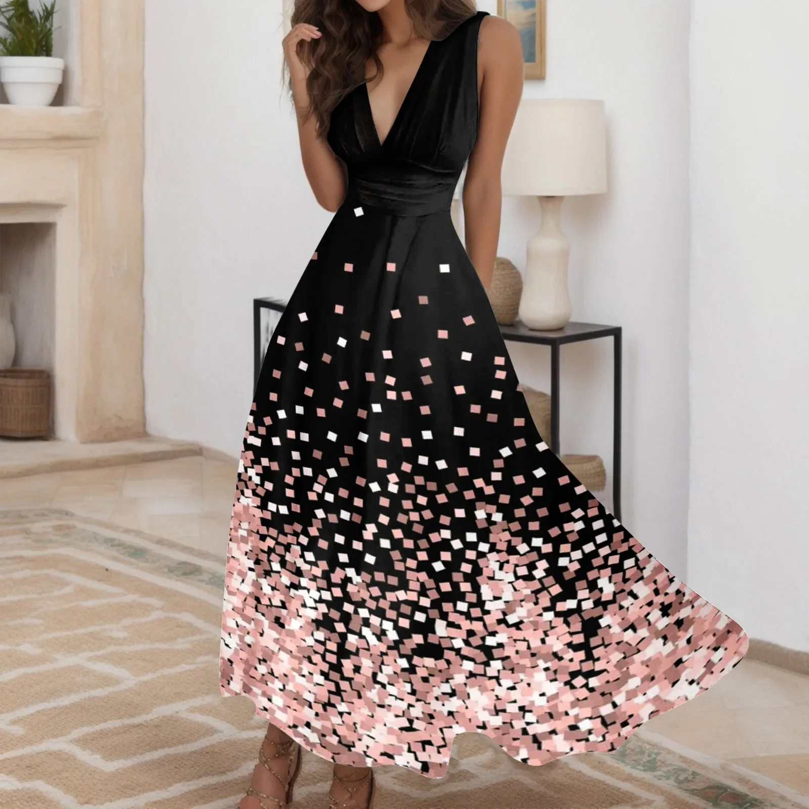 Summer Starry Sky Printed Dress Oversize V-Neck Long Dress Casual Short Sleeve High Waist Women Party Daily Travel Maxi Wear