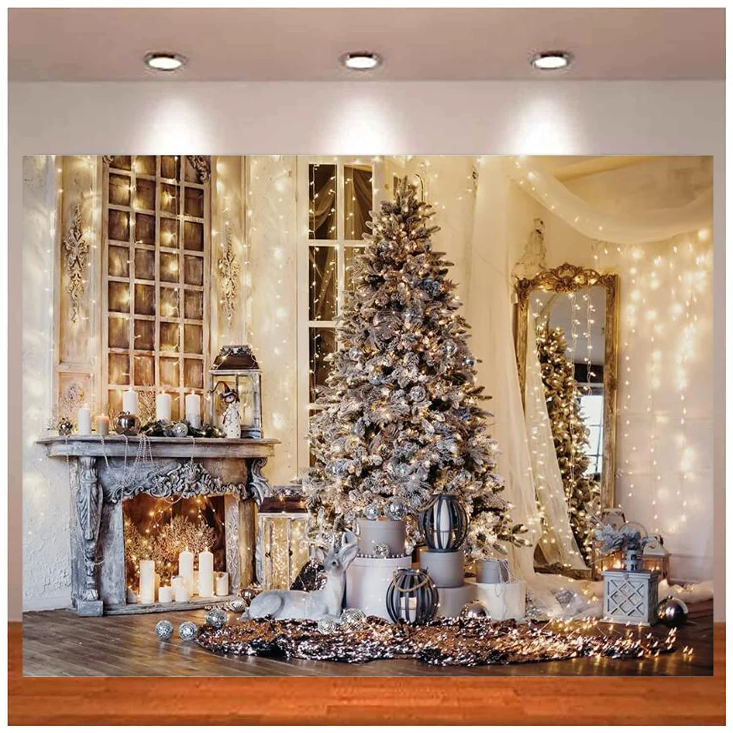 

Photography Backdrops For Christmas Tree with Fireplace Scene Background Banner Poster Photo Studio Props